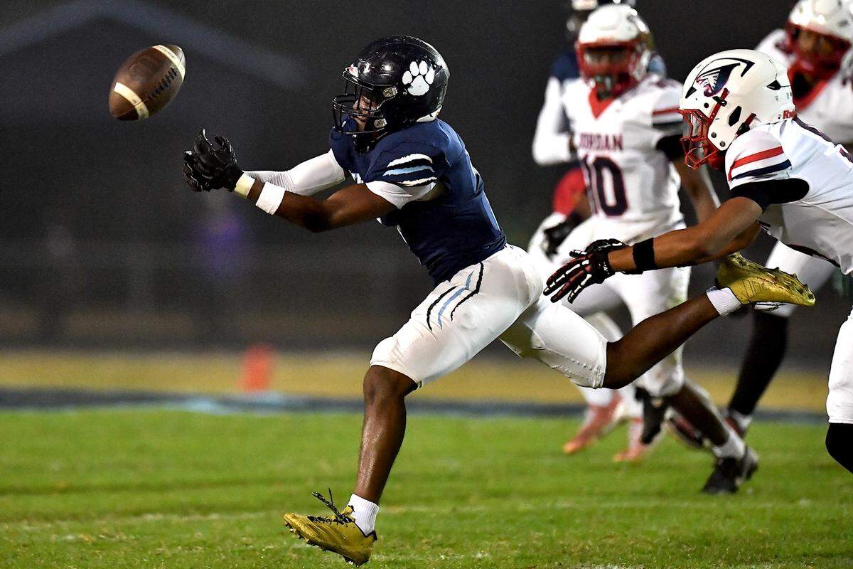 Millbrook wide receiver Malachi Gilchrist (7) misses the pass  during the first half. The Millbrook Wildcats and the Jordan Falcons met in the third round of the NCHSAA 8A football playoffs in Raleigh, N.C. on November 21, 2025. 