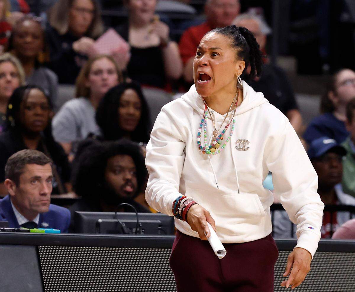 South Carolina head coach Dawn Staley reacts to a call by an official during the first half of Duke’s 54-50 loss to the Gamecocks in the NCAA Tournament Elite Eight at Legacy Arena on Sunday, March 30, 2025, in Birmingham, Ala.