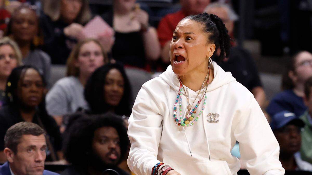 South Carolina head coach Dawn Staley reacts to a call by an official during the first half of Duke’s 54-50 loss to the Gamecocks in the NCAA Tournament Elite Eight at Legacy Arena on Sunday, March 30, 2025, in Birmingham, Ala.