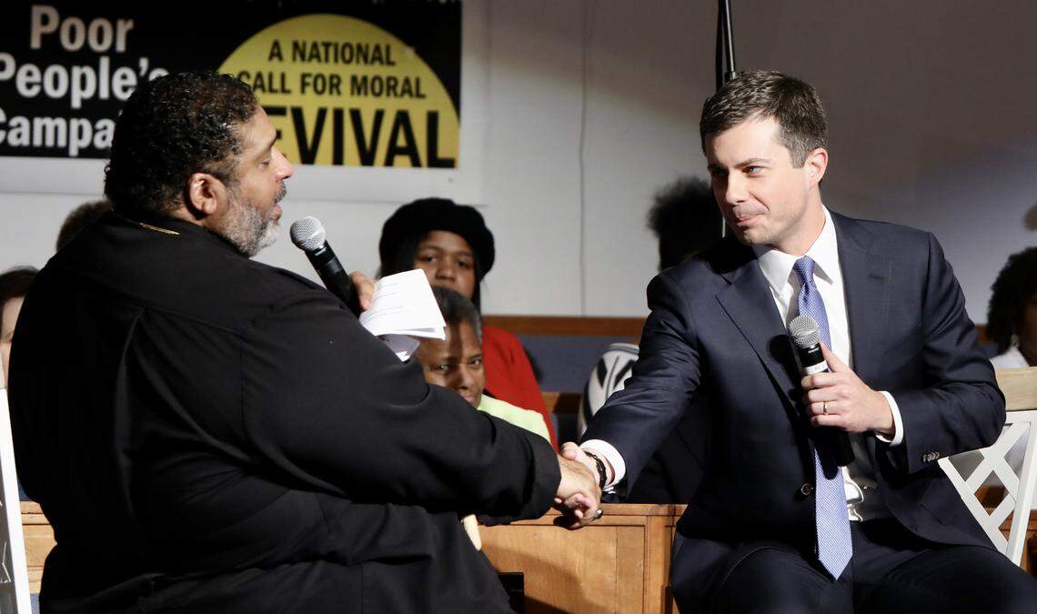 Democratic Presidential Candidate Mayor Pete Buttigieg shakes hands with Rev. Dr. William J. Barber, II at Greenleaf Christian Church in Goldsboro, N.C. on December 1, 2019.