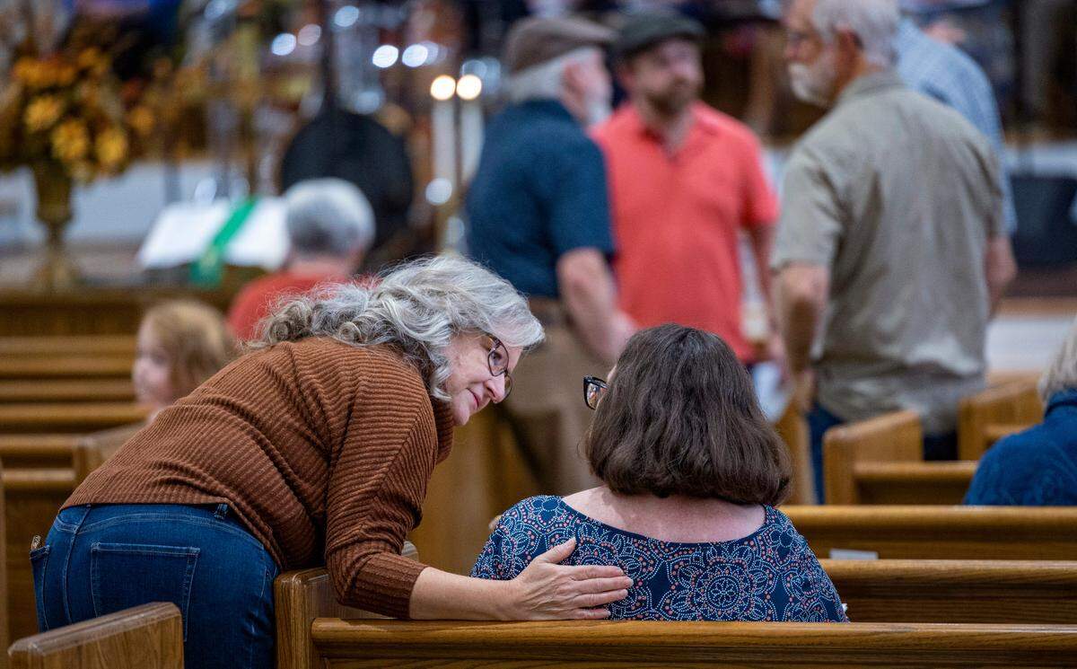 Congregants gather at the First Baptist Church in Waynesville on Sunday morning, Oct. 6, 2024. Waynesville is among the communities in western North Carolina impacted by the remnants of Hurricane Helene that caused catastrophic flooding.