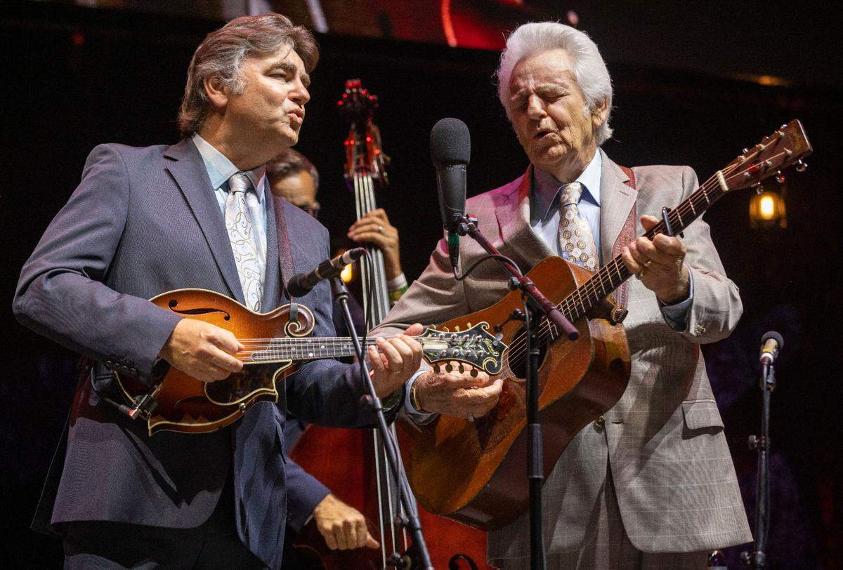 Del McCoury sings with his son Ronnie McCoury during the IBMA Bluegrass Live at Red Hat Amphitheater on Friday, October 1, 2021 in Raleigh, N.C.