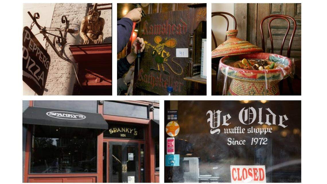 Closed Chapel Hill restaurants, clockwise from upper left: Pepper’s Pizza, Ram’s Head Rathskeller, Queen of Sheba, Ye Olde Waffle Shoppe and Spanky’s.