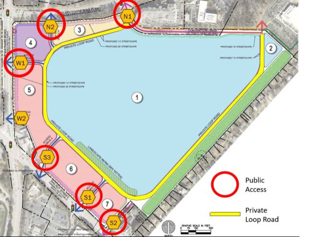 Epic Games’ preliminary plans for the Cary Towne Center property show that it would like to place a private road around its office.