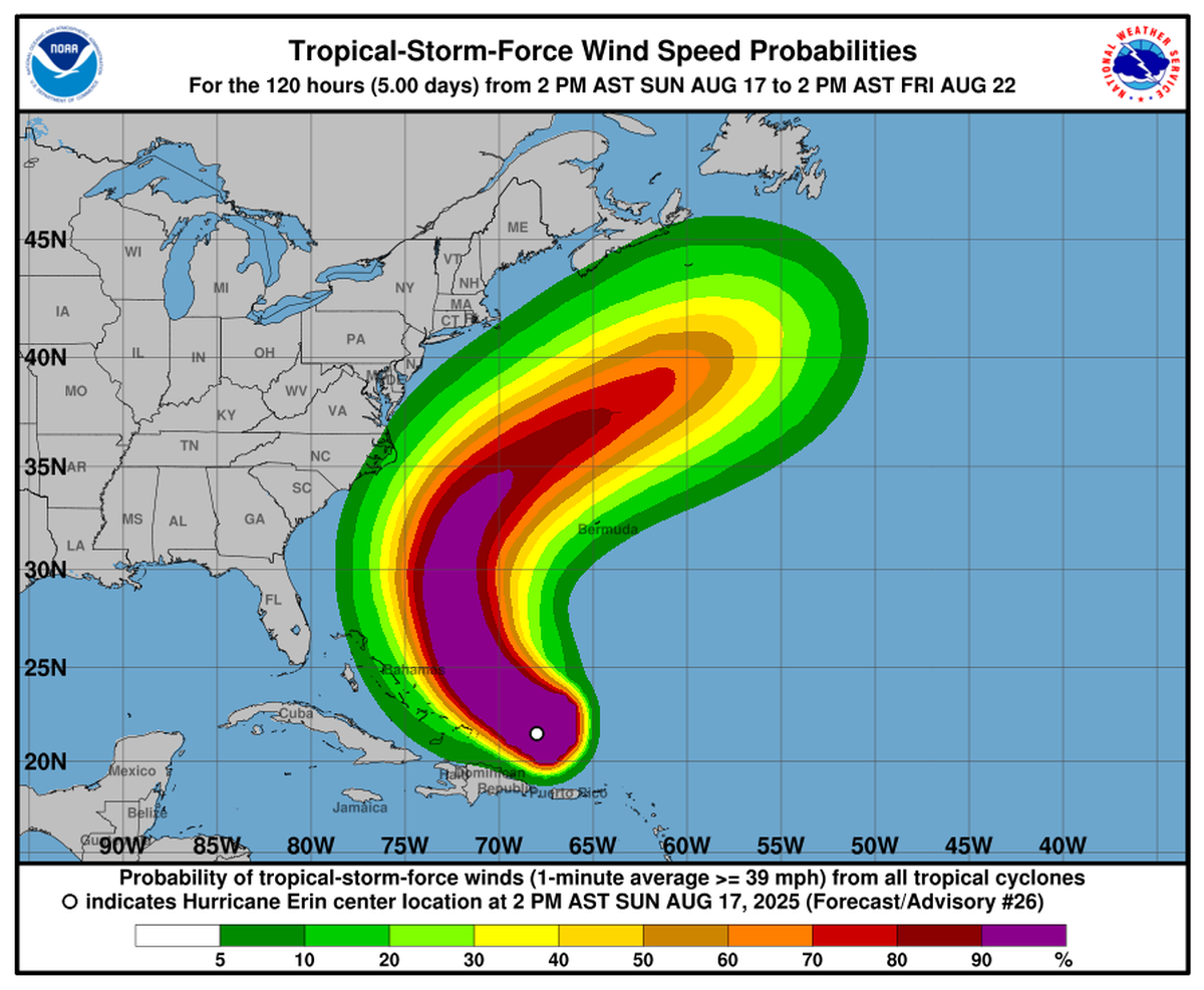 Though the center of Hurricane Erin is expected to stay offshore, forecasters the size and strength of the storm mean its powerful winds likely with kick up dangerously high waves, especially along the N.C. Outer Banks.