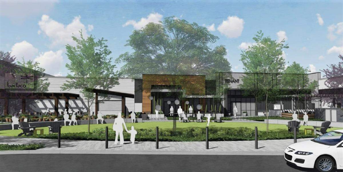 An architect’s drawing shows how future storefronts and related green spaces could look at the redeveloped University Place shopping mall on South Estes Drive in Chapel Hill.
