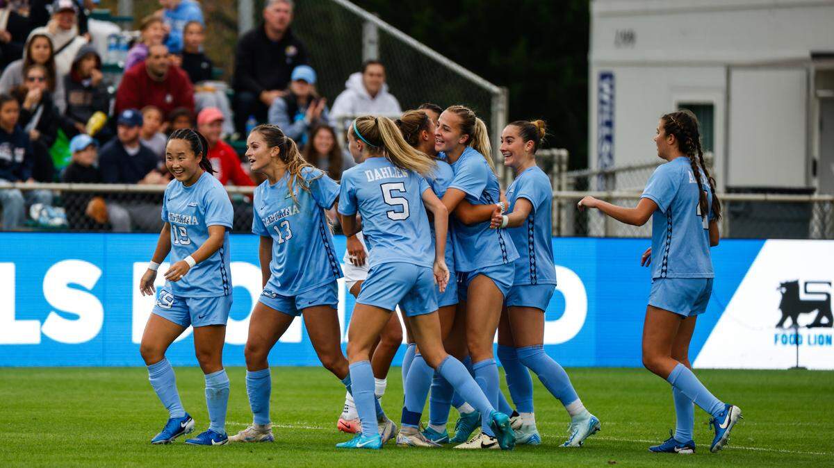 University of North Carolina women’s soccer players celebrate after scoring a goal against Florida State during the 2024 Ally ACC Women’s Soccer Championship in Cary, N.C. on Sunday Nov. 10.