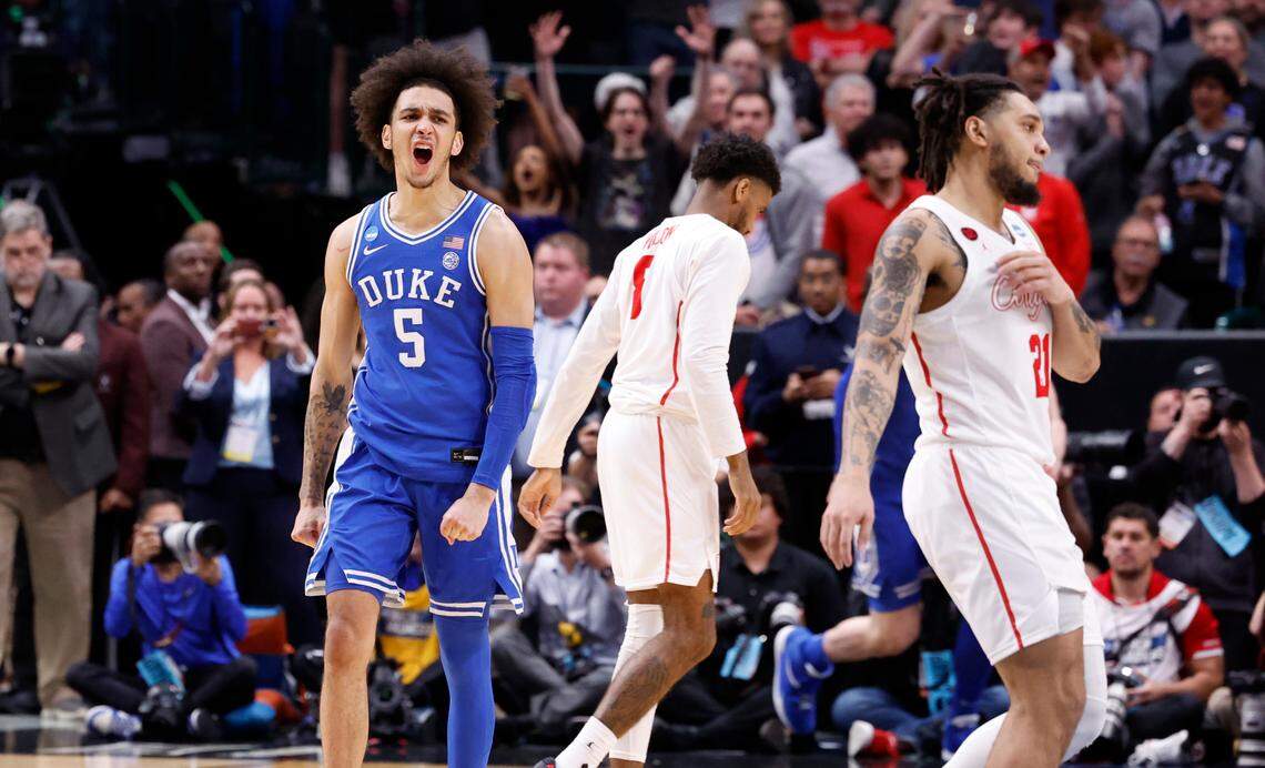 Duke’s Tyrese Proctor (5) celebrates as time expires in Duke’s 54-51 victory over Houston in their NCAA Tournament Sweet 16 game at the American Airlines Center in Dallas, Texas, Friday, March 29, 2024.