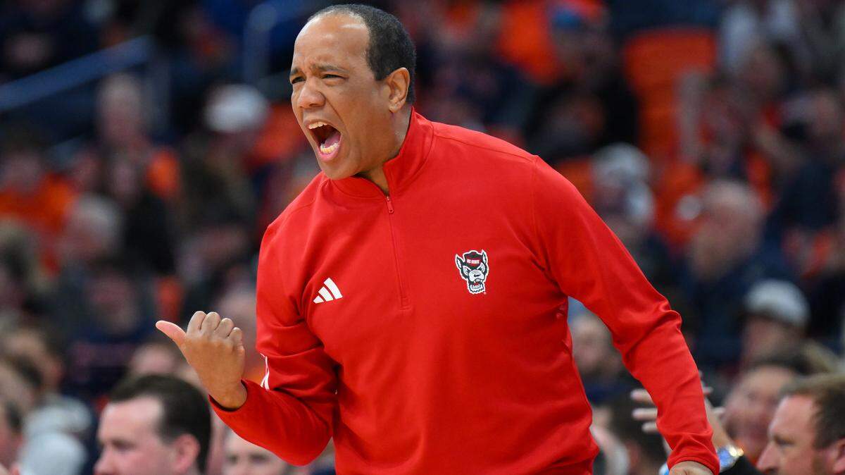 Feb 26, 2025; Syracuse, New York, USA; North Carolina State Wolfpack head coach Kevin Keatts reacts to a call against the Syracuse Orange during the first half at the JMA Wireless Dome. 