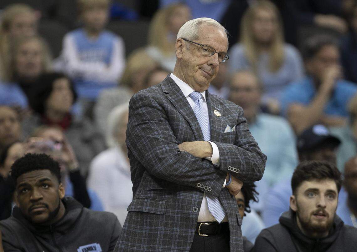 North Carolina coach Roy Williams reacts to a three-point basket by Auburn during the first half in their NCAA Sweet 16 matchup on Friday, March 29, 2019 at the Sprint Center in Kansas City, Missouri.