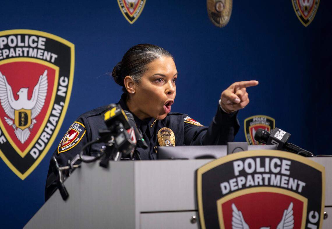 Durham Police Chief Patrice Andrews responds to a question about gangs and potential suspects during a press conference on Monday, Dec. 13, 2021 about a shooting that occurred on Mathison Street in Durham, N.C. that killed two young people and injured four others.