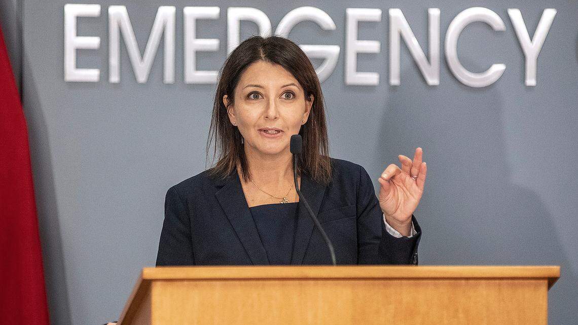 In this file photo, Dr. Mandy Cohen, then-secretary of the North Carolina Department of Health and Human Services speaks during a briefing on North Carolinaís coronavirus pandemic response at the NC Emergency Operations Center in Raleigh Tuesday, Nov. 30, 2021.