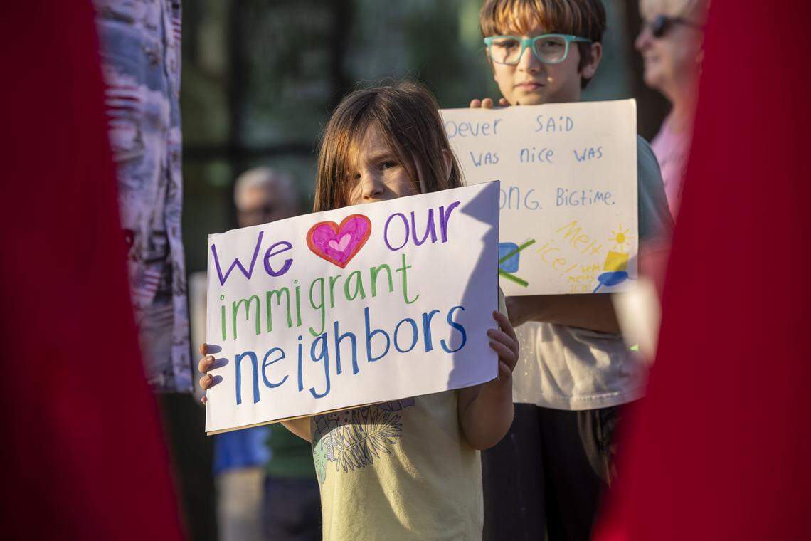 Marianne Gambardella shows her support for the Cary immigrant community during an anti-ICE demonstration outside Town Hall on Thursday, March 5, 2026 in Cary, N.C.