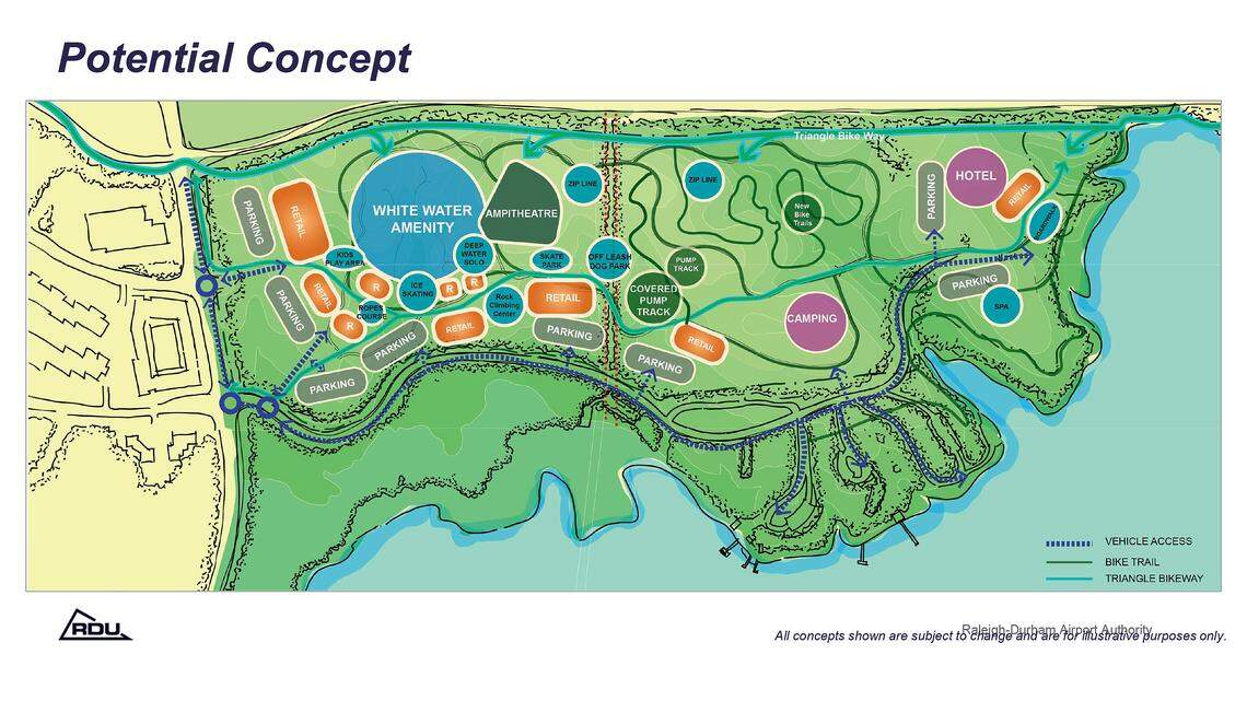Pacific Elm Properties is working on ideas for redeveloping 136 acres of land owned by Raleigh-Durham International Airport that had been part of Lake Crabtree County Park until this year. This “potential concept” was presented to the RDU Airport Authority board on Dec. 11, 2025.