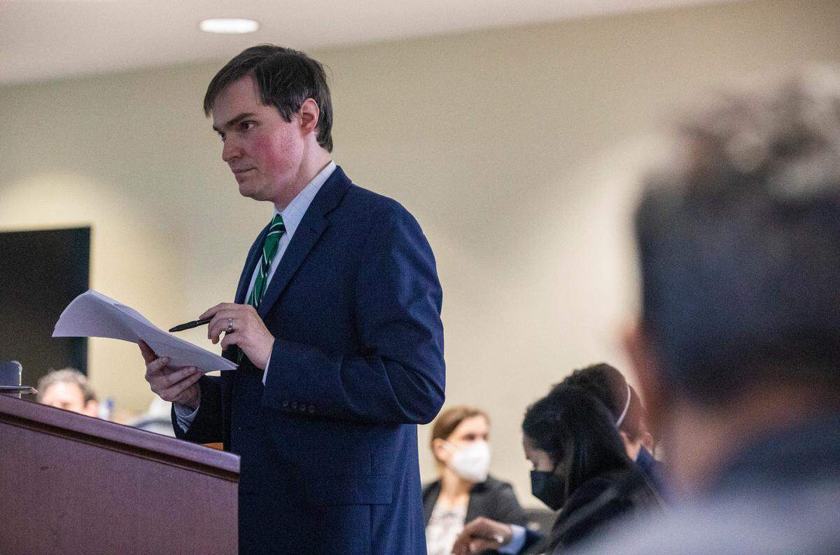 Patrick Lewis, an attorney representing Republican state legislators, cross examines Jowei Chen, a political scientist from the University of Michigan during a partisan gerrymandering trial over North Carolina’s new political maps Monday, Jan. 3, 2022 at a courtroom at Campbell University School of Law in Raleigh in Raleigh, NC.
