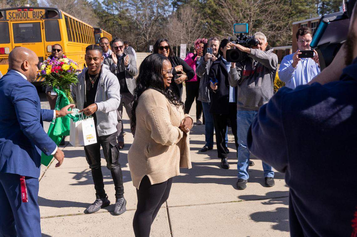 School bus driver Deona Washington receives a hero’s welcome at Brogden Middle School in Durham on Monday, Feb. 20, 2024. Washington safely evacuated all 28 of her students from a school bus engulfed in flames on Friday.