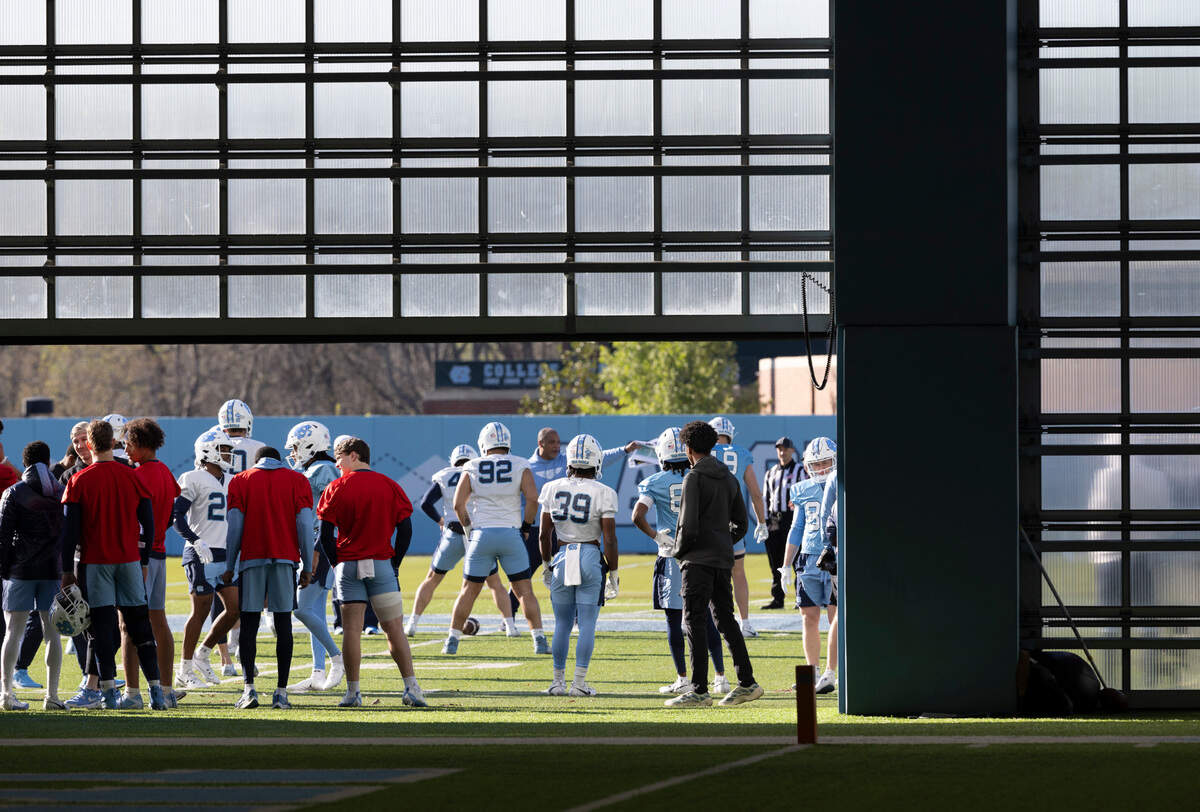 The North Carolina football team alternates between using their indoor and outdoor practice facilities during the opening day of spring football practice on Tuesday, March 19, 2024 in Chapel Hill, N.C.