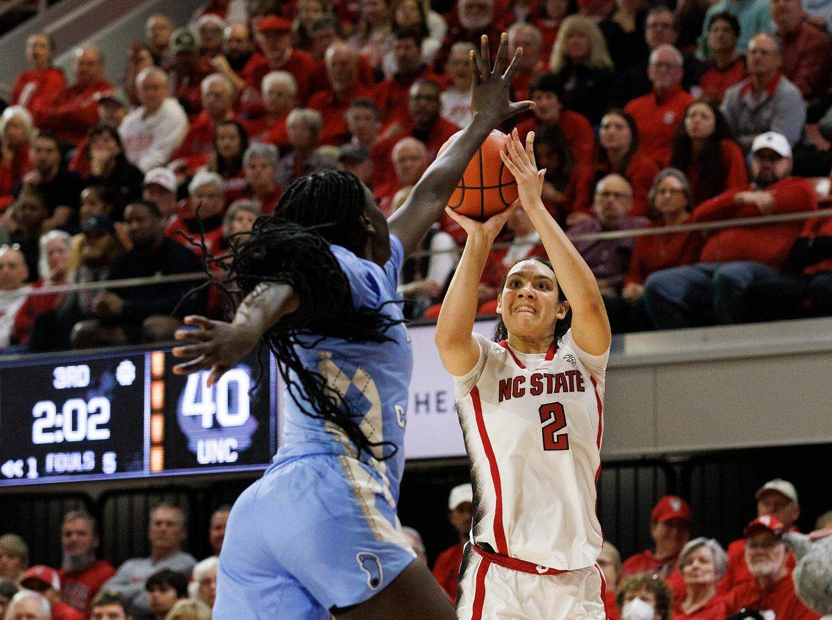 N.C. State’s Mimi Collins shoots over North Carolina’s Maria Gakdeng during the second half of the Wolfpack’s 63-59 win on Thursday, Feb. 1, 2024, at Reynolds Coliseum in Raleigh, N.C.