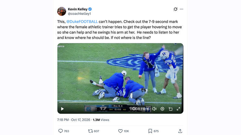 Video shows Duke football player swat away female staffer’s arm during loss to UNC