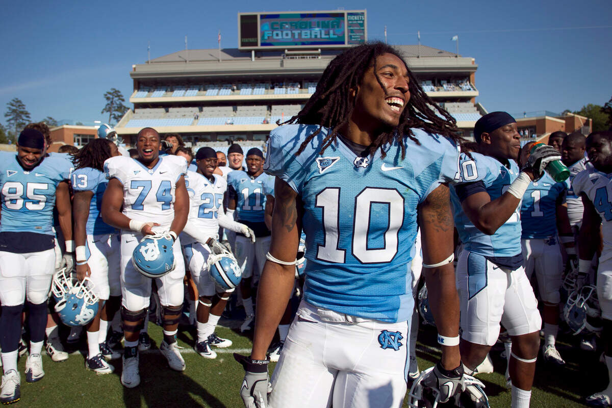 UNC’s Tre Boston (10) laughs after performing a victor dance in front of his teammates following the Blue squad’s 44-21 victory over the White squad the Tar Heels’ Blue White Spring football game on Saturday April 14, 2012 at Kenan Stadium in Chapel Hill, N.C.