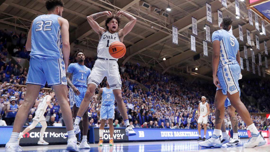 Duke’s Dereck Lively II (1) celebrates after slamming in two with 1:37 left in the game to put Duke up 59-57 during Duke’s 63-57 victory over UNC at Cameron Indoor Stadium in Durham, N.C., Saturday, Feb. 4, 2023.