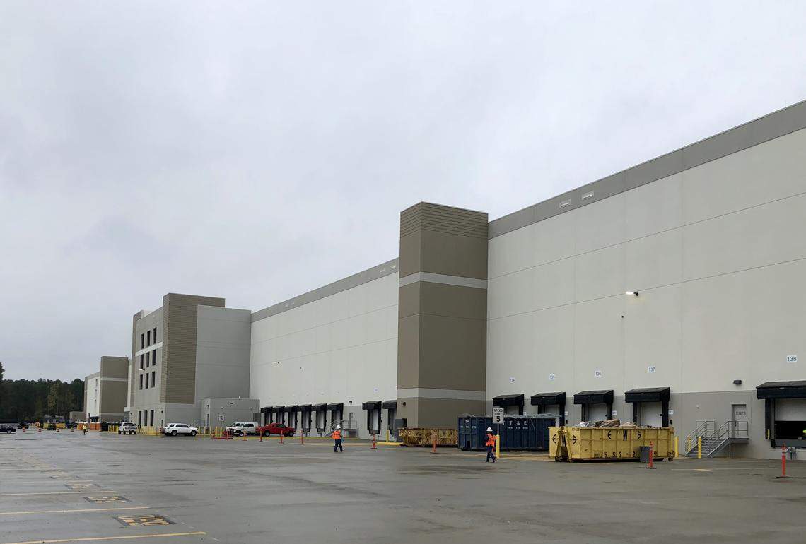 The outside of the under-construction Amazon fulfillment center in Garner, N.C. The center will span more than 2 million square feet once finished in 2020.