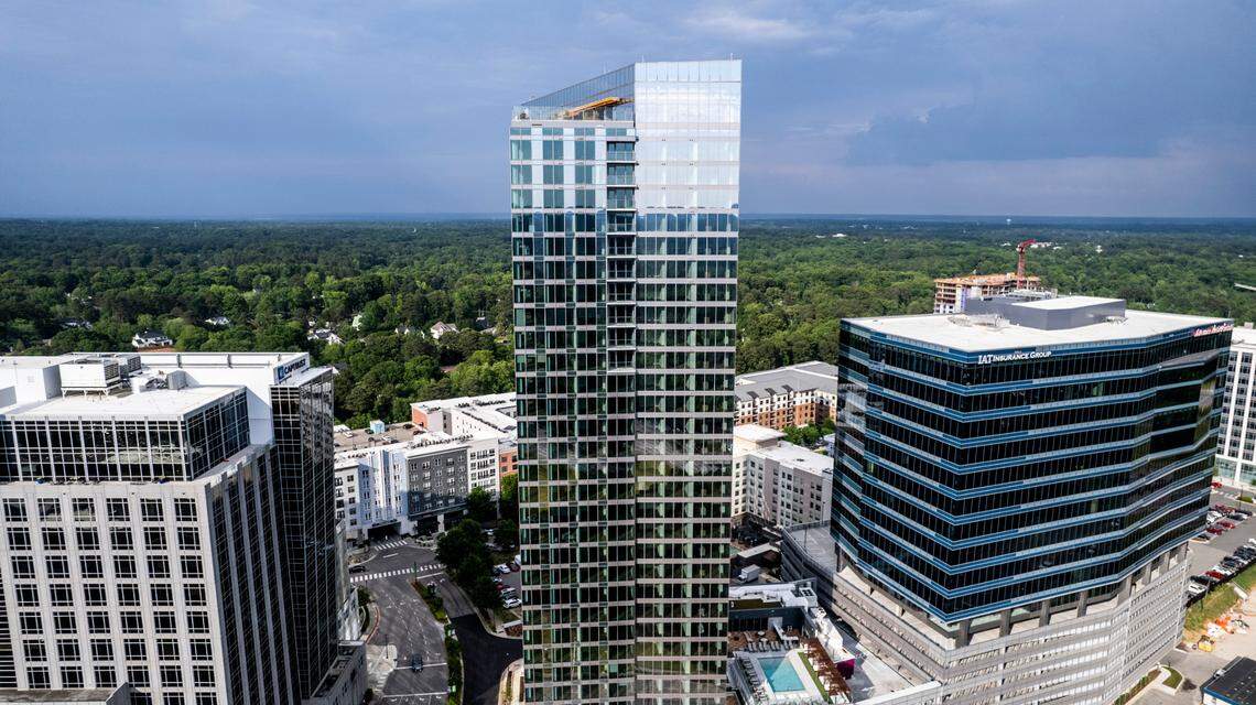 Exterior views of Kane Realty’s 36-story luxury apartment tower off Six Forks Road called the Eastern Residences at North Hills in Raleigh Friday, May 6, 2022.