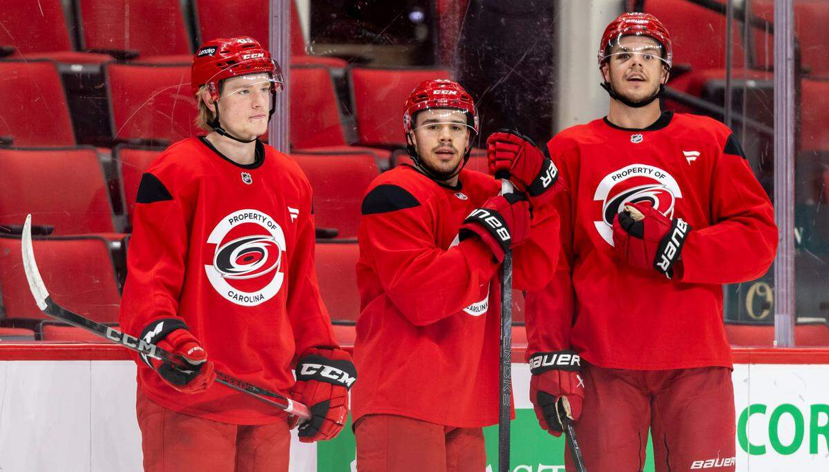 Carolina Hurricanes right wing Jackson Blake (53), center Logan Stankoven (22), and center Jesperi Kotkaniemi (82) during practice as they prepare for their Stanley Cup series against the Washington Capitals on Friday, May 2, 2025 at Lenovo Center in Raleigh, N.C.