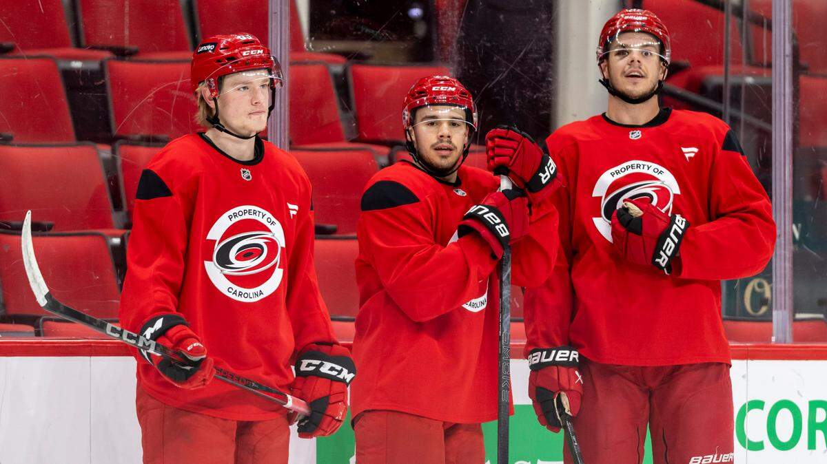 Carolina Hurricanes right wing Jackson Blake (53), center Logan Stankoven (22), and center Jesperi Kotkaniemi (82) during practice as they prepare for their Stanley Cup series against the Washington Capitals on Friday, May 2, 2025 at Lenovo Center in Raleigh, N.C.