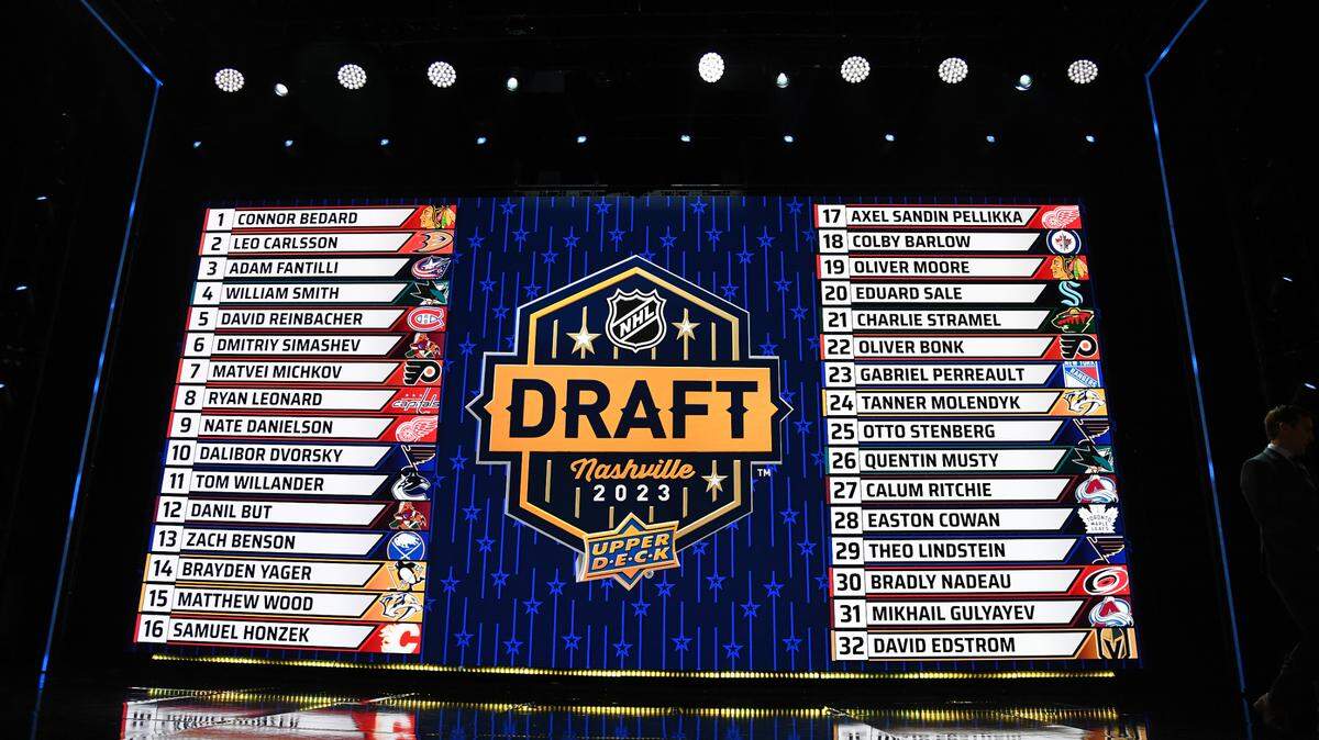 The draft board after round one of the 2023 NHL Draft at Bridgestone Arena.