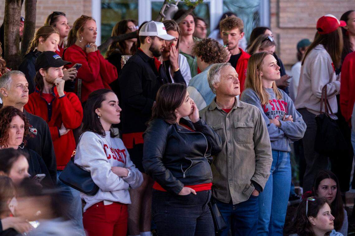 NC State fans watch the Wolfpack play Purdue in the Final Four during a watch party on Hillsborough Street in Raleigh on Saturday, April 6, 2024. Purdue won 63-50.