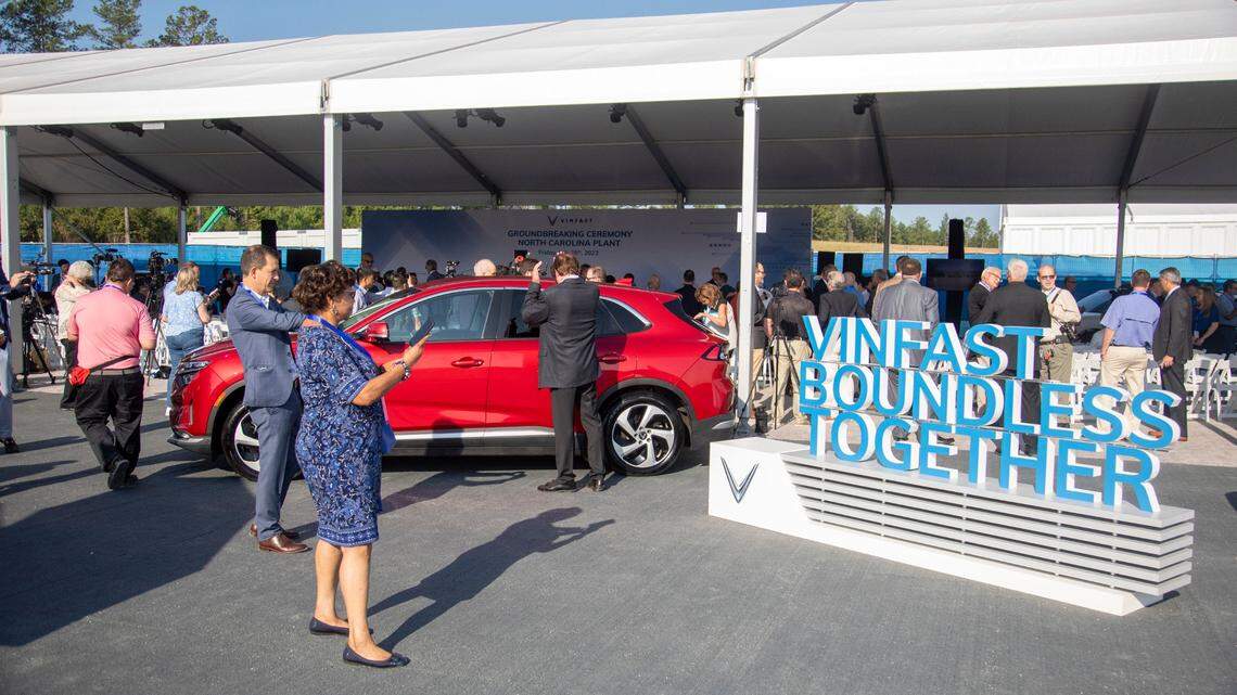 One of Vinfast’s electric SUV’s was on display during a groundbreaking ceremony Friday, July 28, 2003 at the future site of a Vinfast plant in Moncure.