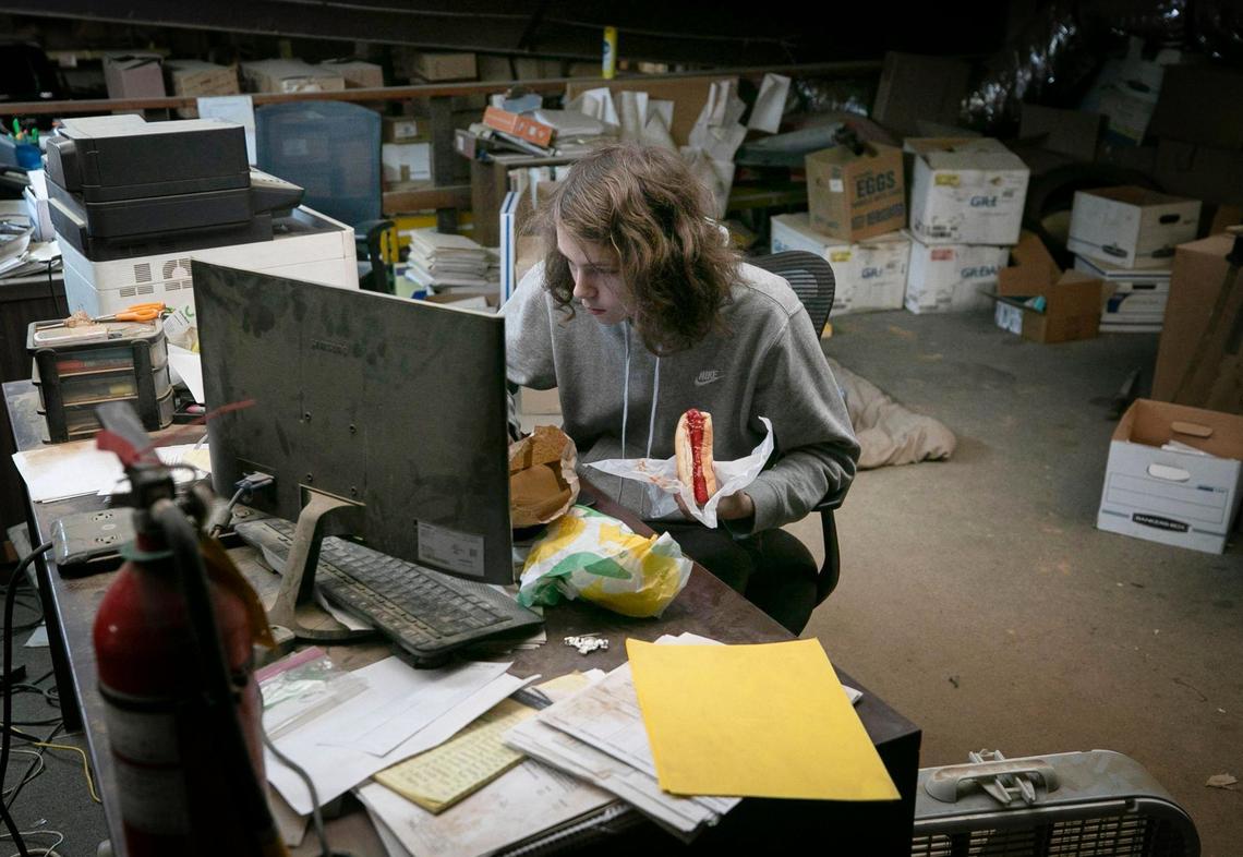Warren County High School student Rocky Carter takes his classes virtually from the loft of his mother’s workplace, CJ Iron & Metal near Macon, NC on Tuesday, February, 2, 2021. Carter utilizes the high speed internet connection at the workplace because his wi-fi hot spot does not perform well at his rural home.
