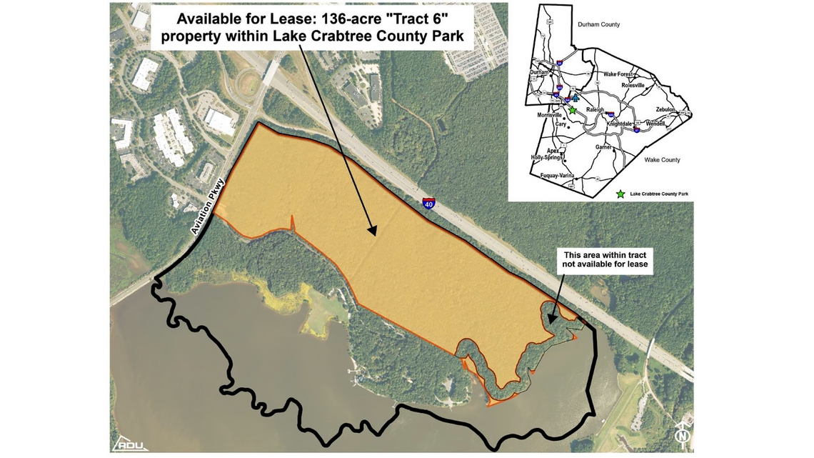 Raleigh-Durham International Airport owns the land that makes up Lake Crabtree County Park and published this map when it sought companies willing to develop part of the property.