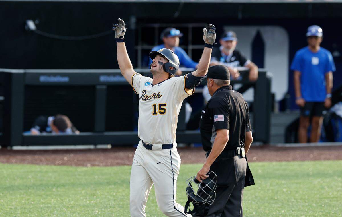 Murray State’s Jonathan Hogart (15) celebrates hitting a home run during Duke’s game against Murray State in the third game of the Durham Super Regional at Jack Coombs Field in Durham, N.C., Monday, June 9, 2025.