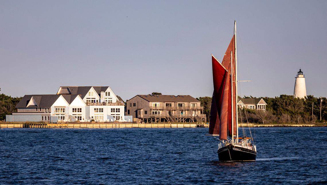The Windfall II sails a channel during a sailing tour in the Pamlico Sound off Ocracoke Island Tuesday, May 17, 2022.