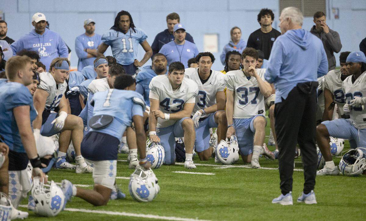 North Carolina coach Mack Brown talks with his team at the conclusion of their scrimmage on Thursday, April 11, 2024 in Chapel Hill, N.C.