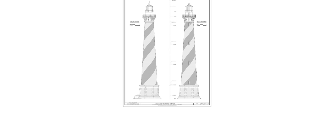 Architectural drawings of the south and west elevations of Cape Hatteras Lighthouse show window pediments that were built into the structure but were later removed because of deterioration. They will be added back as part of a $19.2 million restoration project underway.