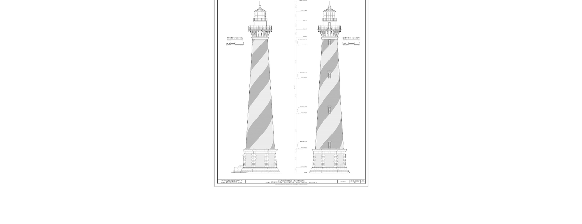 Architectural drawings of the south and west elevations of Cape Hatteras Lighthouse show window pediments that were built into the structure but were later removed because of deterioration. They will be added back as part of a $19.2 million restoration project underway.