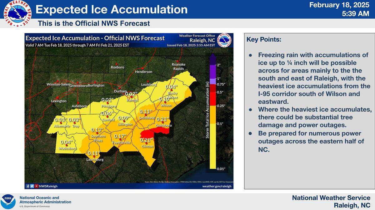 A winter storm expected to hit central and Eastern North Carolina on Wednesday could bring enough ice to cause electrical lines to sag and fall or tree limbs to drop on the lines. Power outages are possible across the region.