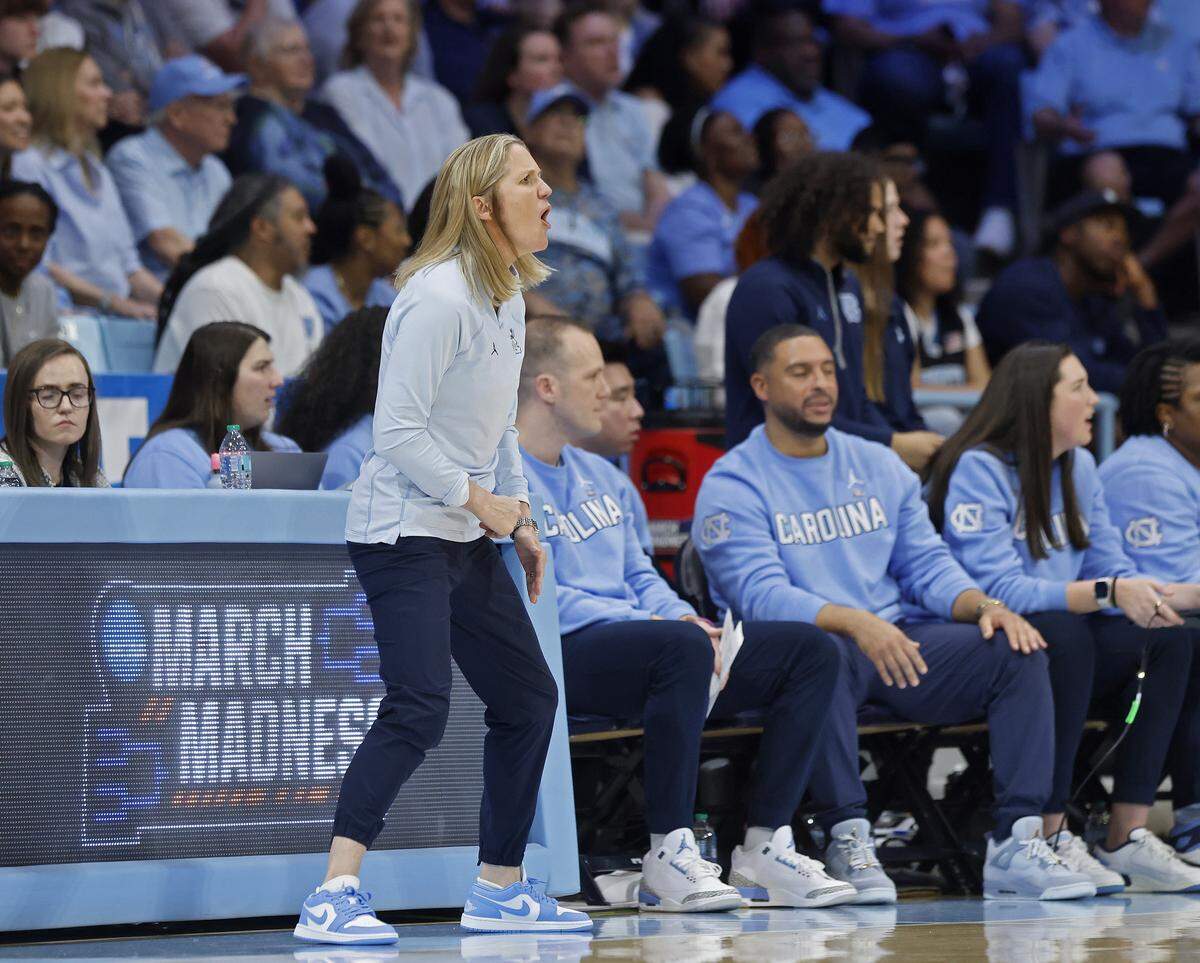 North Carolina head coach Courtney Banghart reacts during the first half of the Tar Heels’ 74-66 second-round NCAA Tournament win over Maryland on Sunday, March 22, 2026, at Carmichael Arena in Chapel Hill, N.C.