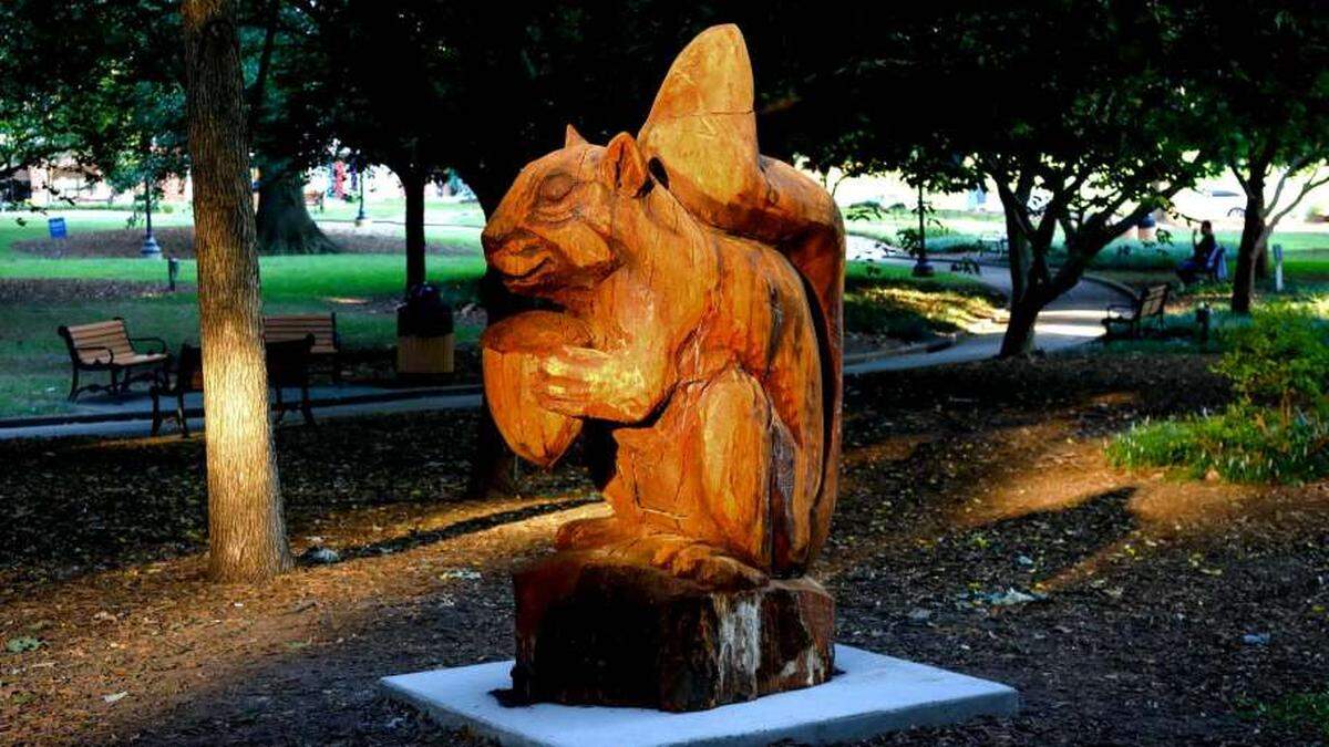 This wooden squirrel, called Berkeley, was crafted from a willow oak that was cut down from Nash Square in 2019 due to age and disease.