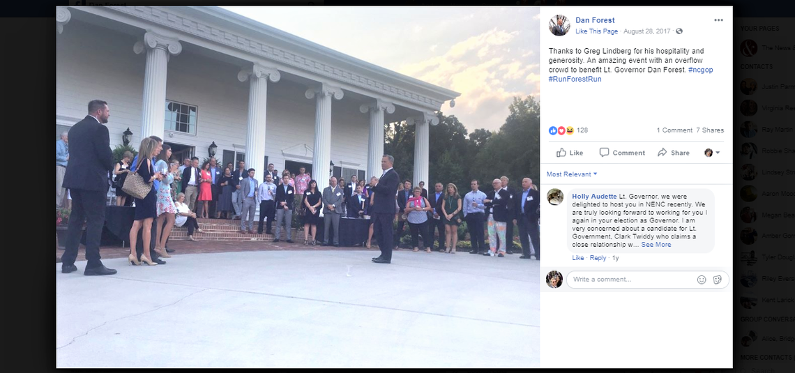 Screen grab of a photo posted on the @DanForestNC Facebook page on Aug. 28, 2017. The caption reads, “Thanks to Greg Lindberg for his hospitality and generosity. An amazing event with an overflow crowd to benefit Lt. Governor Dan Forest.”