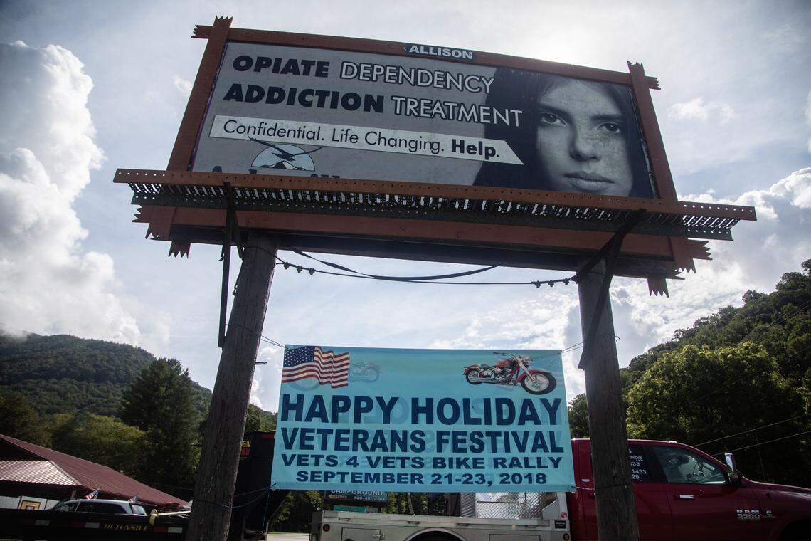 A billboard on the Cherokee Indian Reservation advertises an opioid addiction recovery center. Ten percent of the tribe’s members received a substance-abuse diagnosis in 2012, the Cherokee Indian Hospital Authority reported in 2017.