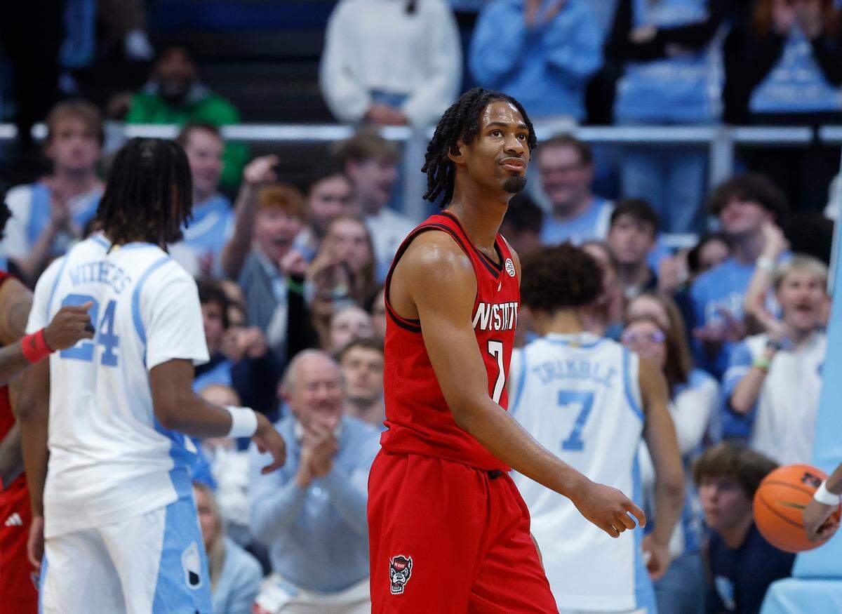 N.C. State’s Bryce Heard reacts during the second half of the Wolfpack’s 97-73 loss to North Carolina on Wednesday, Feb. 19, 2025, at the Smith Center in Chapel Hill, N.C.