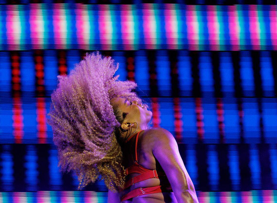 A person dances onstage during PartyNextDoor’s performance at the fifth Dreamville Festival on Saturday, April 5, 2025, at Dorothea Dix Park in Raleigh, N.C.