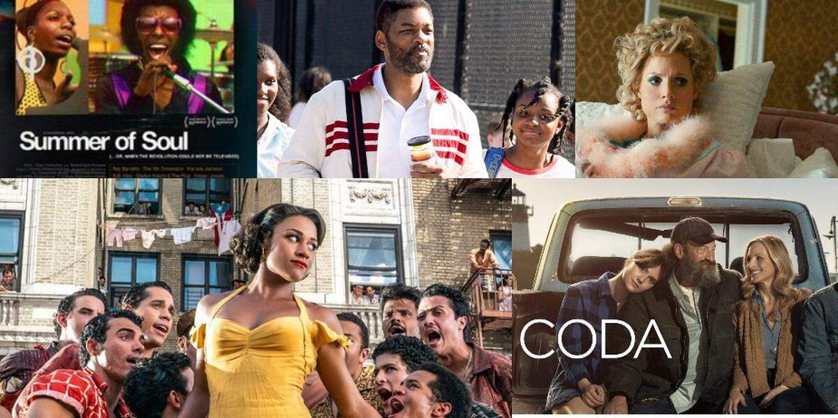 (L-R): “Summer of Soul”; Will Smith in “King Richard”; Jessica Chastain in “The Eyes of Tammy Faye”; “CODA”; Ariana DeBose in “West Side Story.”