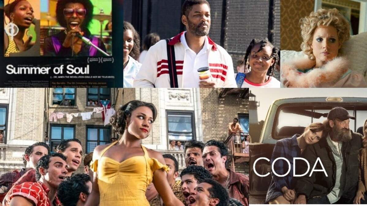 (L-R): “Summer of Soul”; Will Smith in “King Richard”; Jessica Chastain in “The Eyes of Tammy Faye”; “CODA”; Ariana DeBose in “West Side Story.”