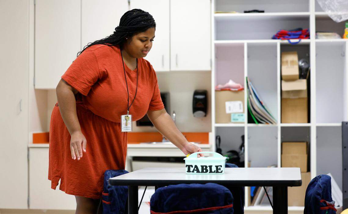 Kindergarten teacher Savannah Herring works in her classroom at Beaverdam Elementary School in Raleigh, N.C., Wednesday, August 23, 2023.