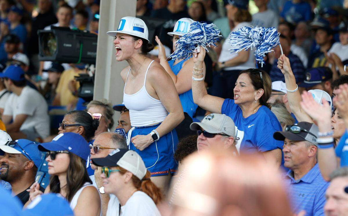 Duke fans cheer on the team during Duke’s game against Murray St. in the first game of Durham Super Regional at Jack Coombs Field in Durham, N.C., Sat. June 7, 2025.